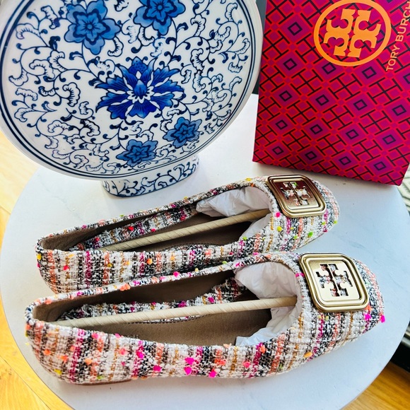 NWT - TORY BURCH GEORGIA BALLET MULTI TWEED FLAT - PINK/ORANGE - SIZE 8.5 - Picture 1 of 9